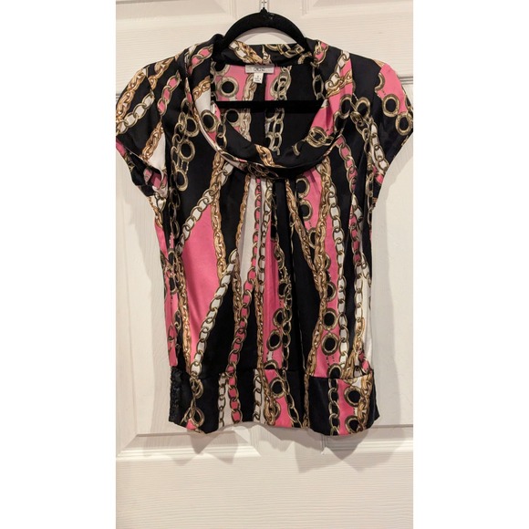 CacheY2 K Silk black pink gold chain print cowl neck short sleeve top Sz S - Picture 2 of 9